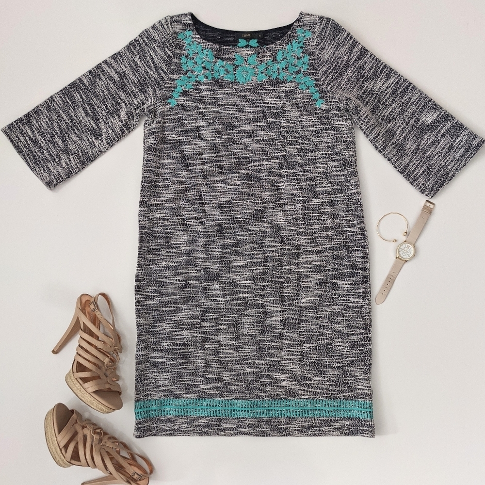 ANTHRO THML Textured Shift Blue Turquoise Black Embroidered Dress Women Small